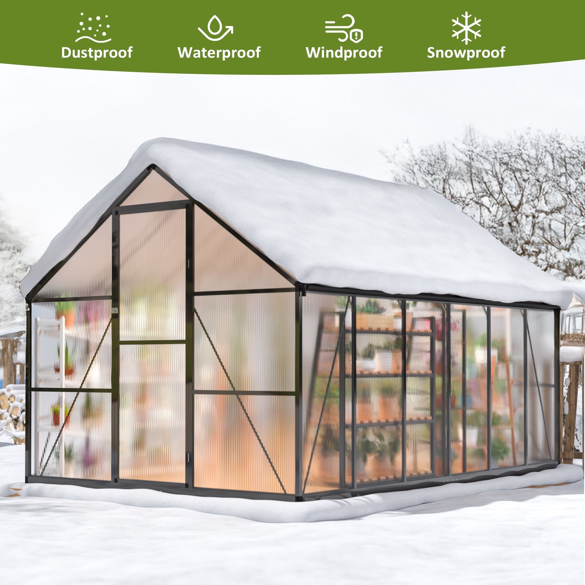 NETAJE 12'x8' Outdoor Greenhouse, Walk-in Polycarbonate Green House with Aluminum Frame for Backyard