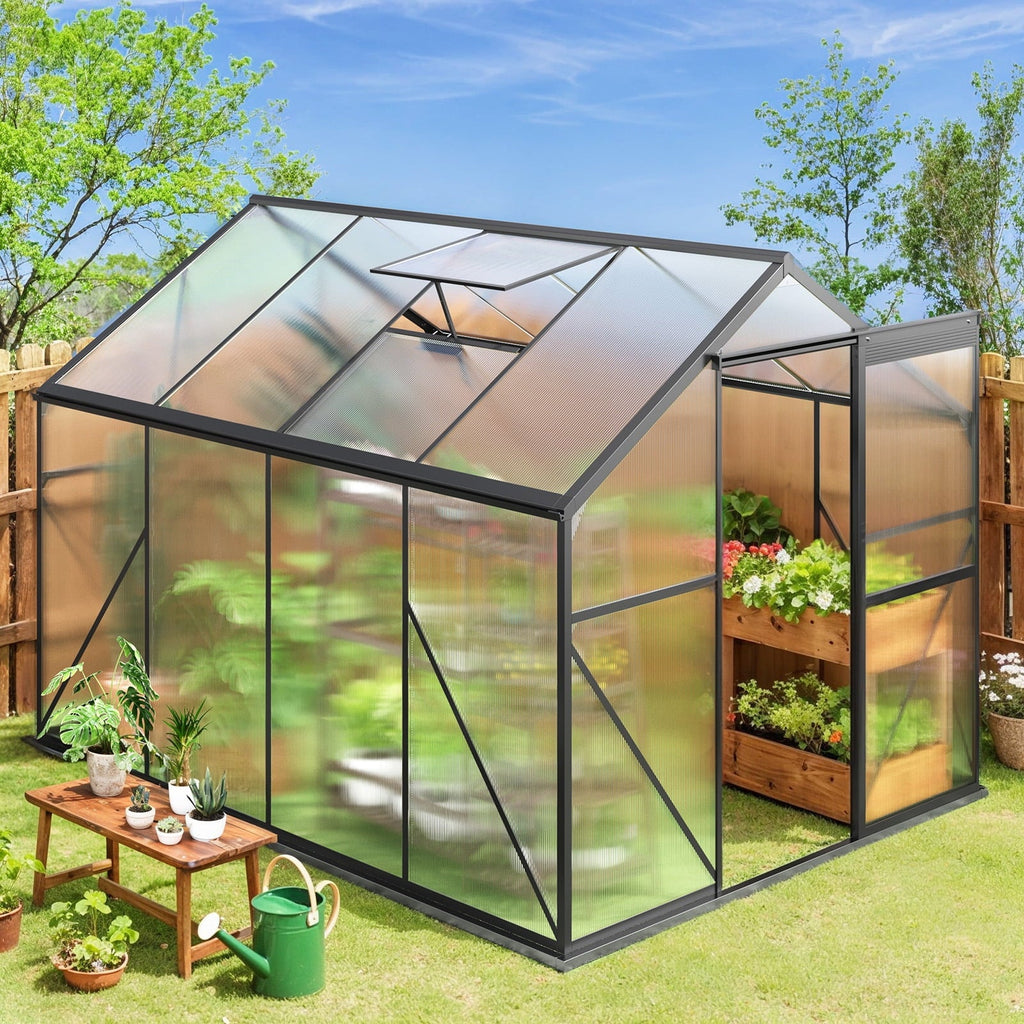 8x6 FT Outdoor Greenhouse, Easy Setup Polycarbonate Greenhouse with Adjustable Roof Vent, Sliding Door, and Durable Aluminum Frame for Backyard Gardening