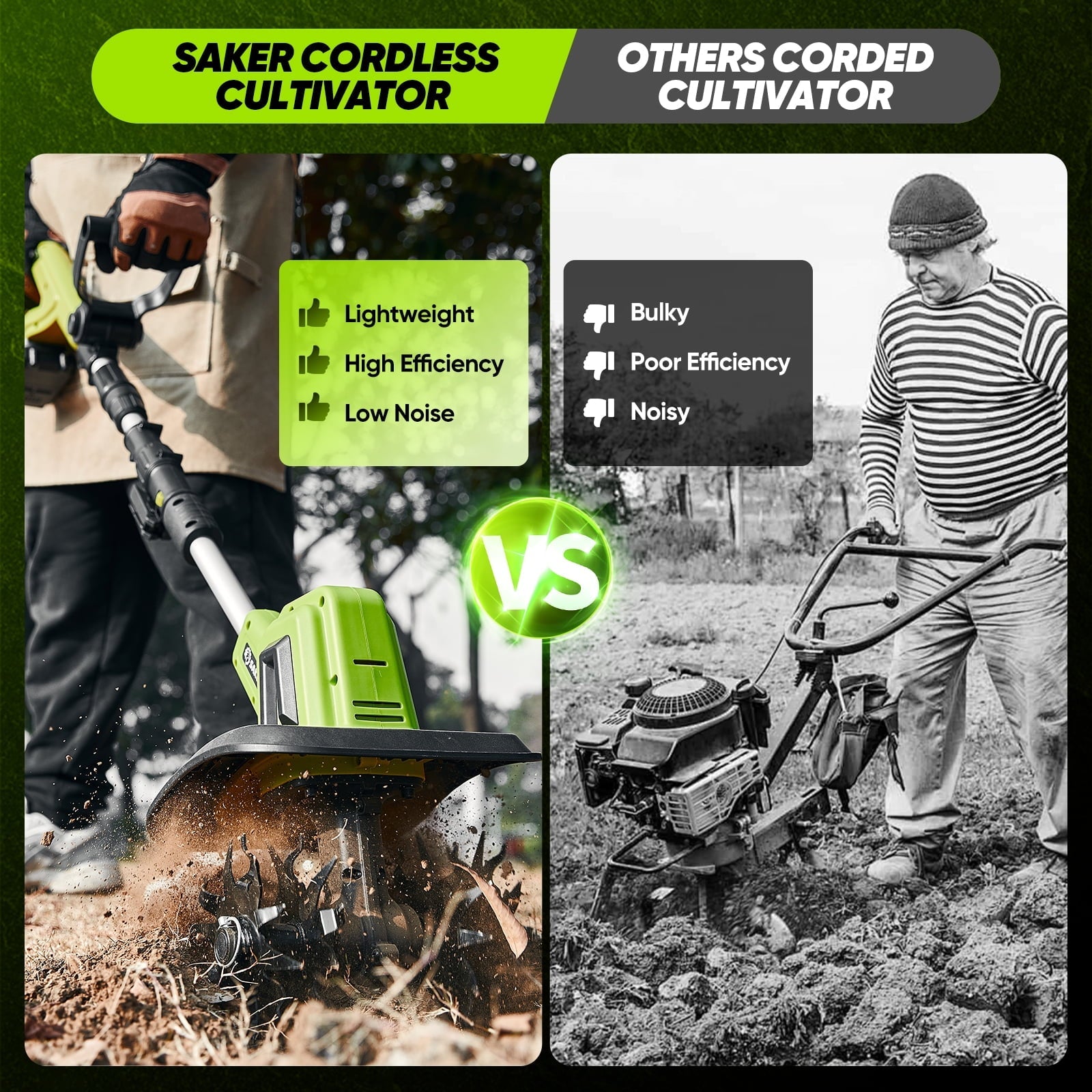 Saker 22V Cordless Tiller Cultivator, 360RPM Electric Garden Tiller with Total 4000mAh Battery, 9-Inch Tilling Width, 6.3-Inch Depth Rototiller for Gardening, Weeding, Soil Cultivation