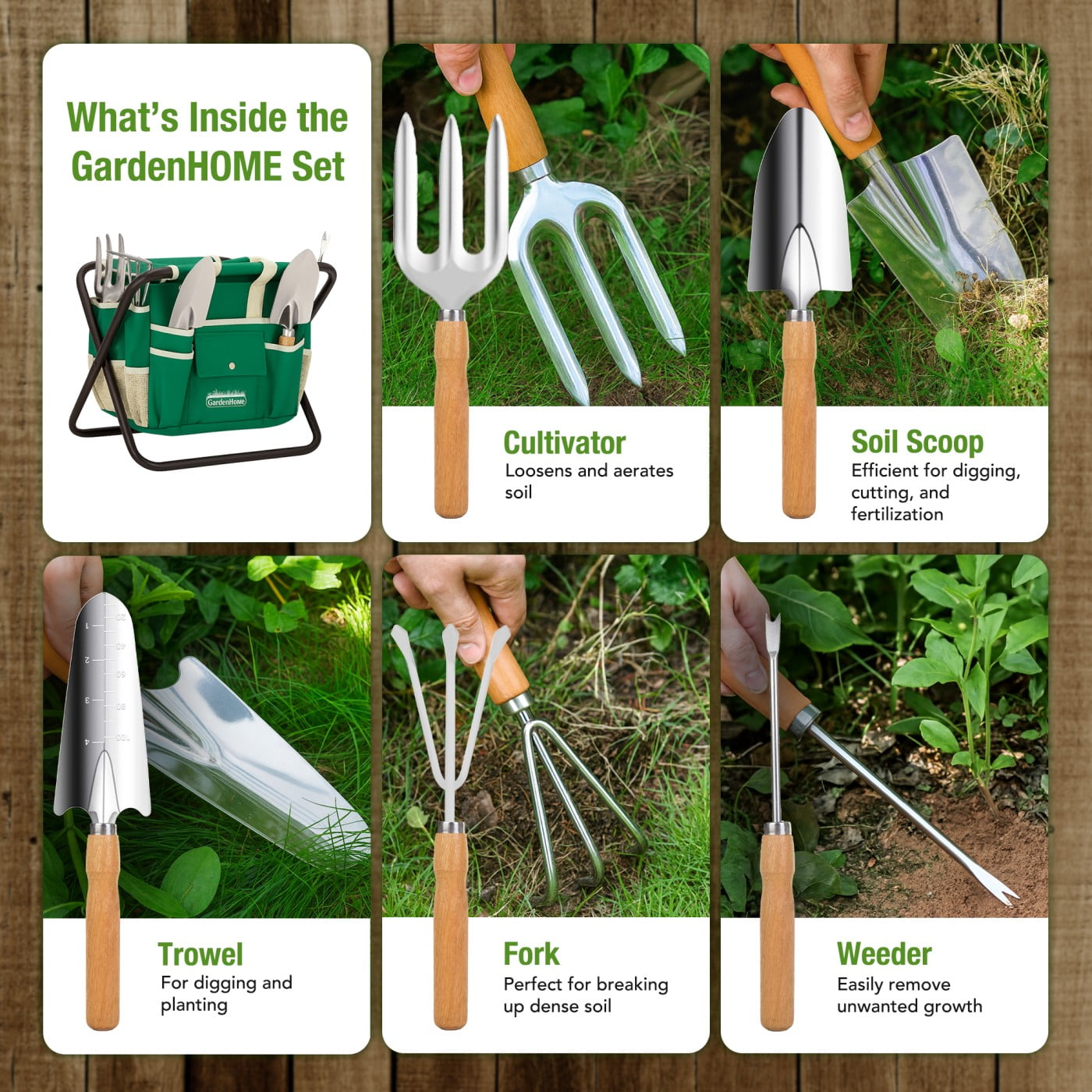 GardenHOME 7-Piece Gardening Tool Kit with Bag and Foldable Stool for All