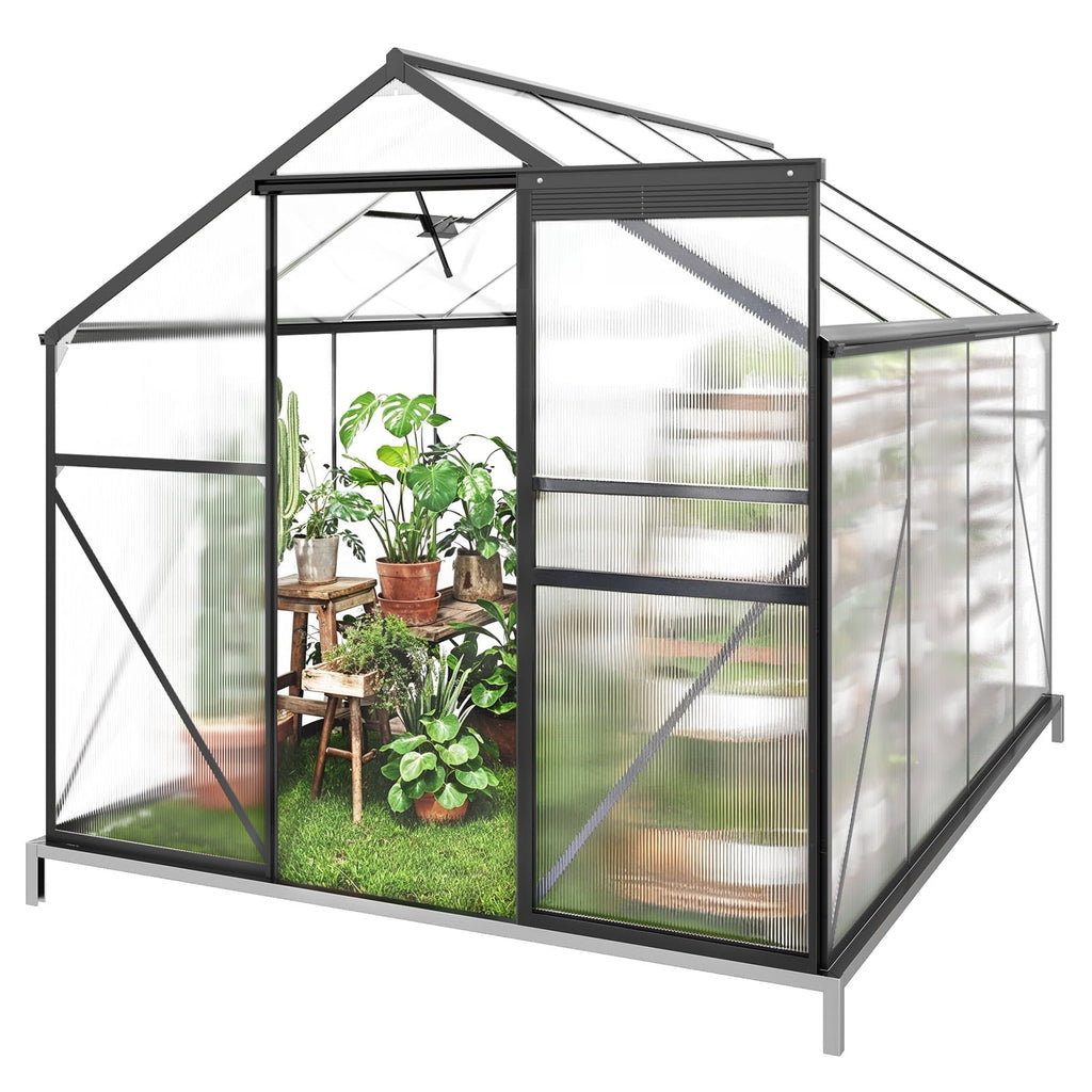 8x6 FT Outdoor Greenhouse, Easy Setup Polycarbonate Greenhouse with Adjustable Roof Vent, Sliding Door, and Durable Aluminum Frame for Backyard Gardening