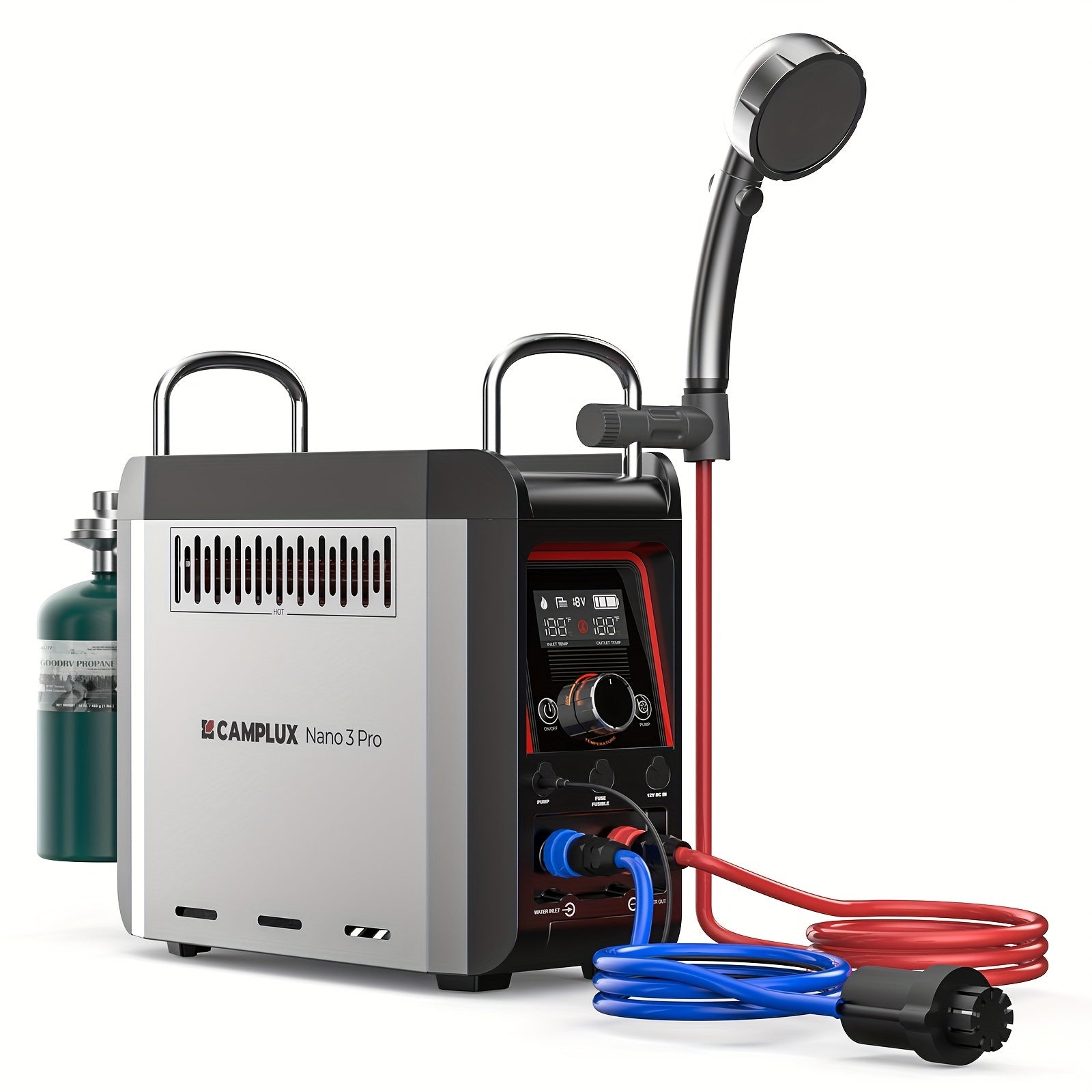 Portable Propane Water Heater & Shower Pump with Built-in 4000mAh Battery – Lightweight, Compact Design, Includes Flexible Charging Options