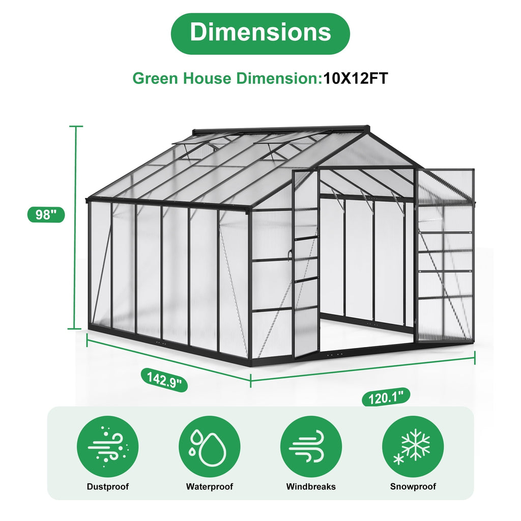 MUCHANT 10x12 FT Greenhouse for Outdoors, Walk-in Large Aluminum Frame Greenhouse with Quick Setup Structure and Roof Vent for Garden Backyard, Black