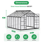 MUCHANT 10x12 FT Greenhouse for Outdoors, Walk-in Large Aluminum Frame Greenhouse with Quick Setup Structure and Roof Vent for Garden Backyard, Black