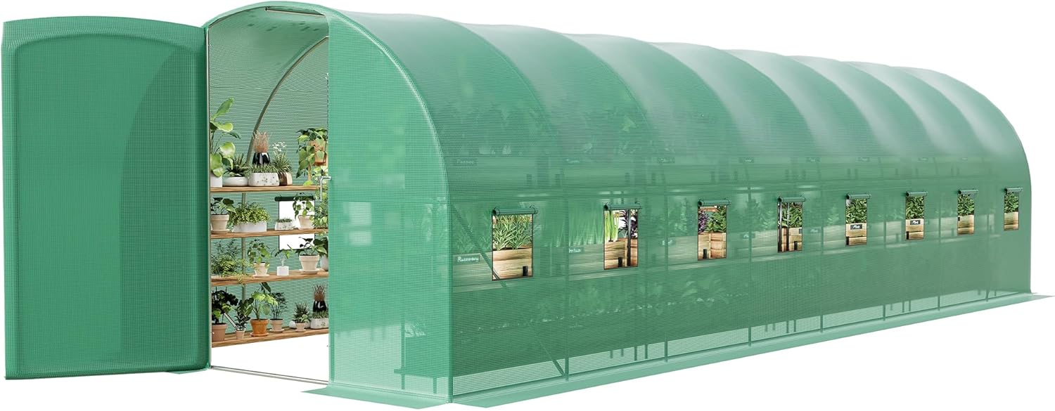 27x10x7 ft Wall in Greenhouse for Outdoor, Large Tunnel Garden House with Swing Door & 16 Mesh Windows, Reinforced Galvanized Steel Frame & Durable PE Cover, Grow Tent for Backyard, Patio