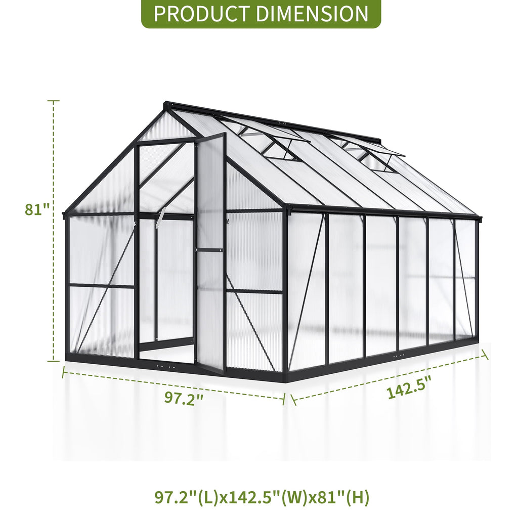 NETAJE 12'x8' Outdoor Greenhouse, Walk-in Polycarbonate Green House with Aluminum Frame for Backyard