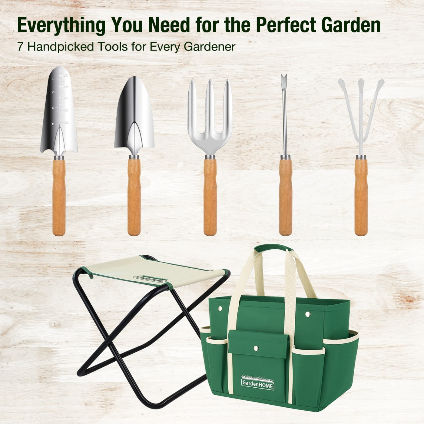 GardenHOME 7-Piece Gardening Tool Kit with Bag and Foldable Stool for All