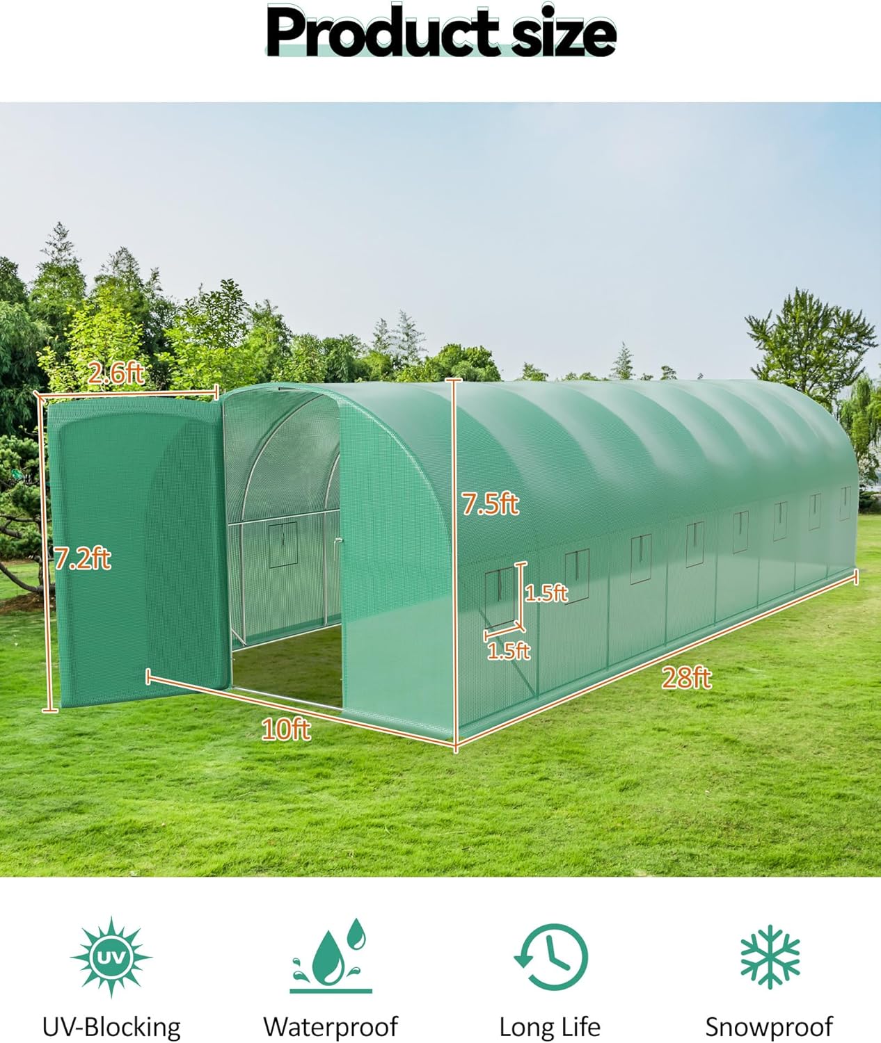 27x10x7 ft Wall in Greenhouse for Outdoor, Large Tunnel Garden House with Swing Door & 16 Mesh Windows, Reinforced Galvanized Steel Frame & Durable PE Cover, Grow Tent for Backyard, Patio