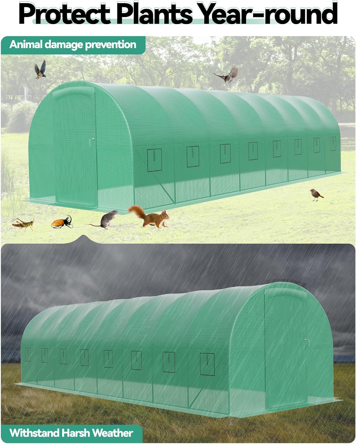 27x10x7 ft Wall in Greenhouse for Outdoor, Large Tunnel Garden House with Swing Door & 16 Mesh Windows, Reinforced Galvanized Steel Frame & Durable PE Cover, Grow Tent for Backyard, Patio
