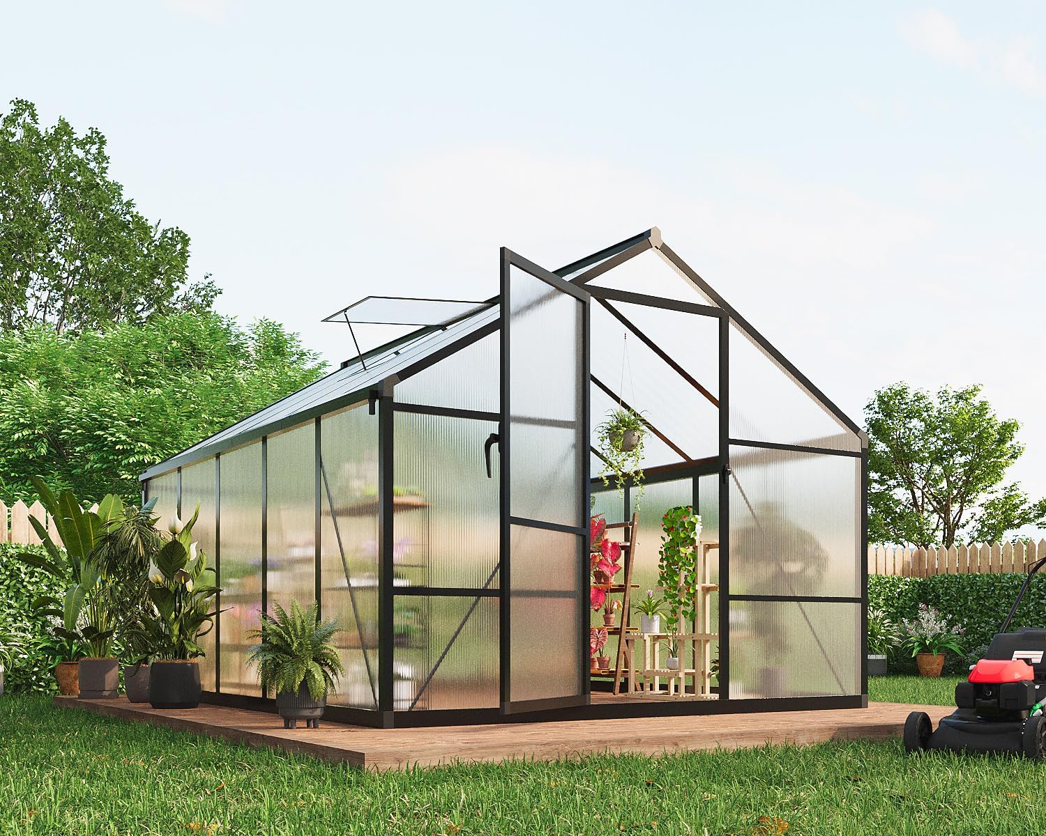 6x10 FT Greenhouse for Outdoors, Polycarbonate Greenhouse with Roof Vent, Ground Nails, Lockable Push Door, Aluminum Large Walk-in Green House for Outside Garden Backyard, Patio, Lawn, Black