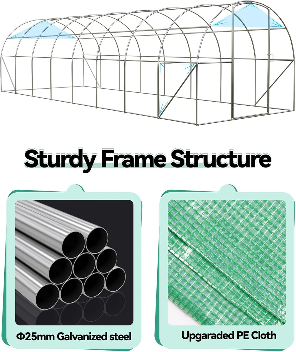 27x10x7 ft Wall in Greenhouse for Outdoor, Large Tunnel Garden House with Swing Door & 16 Mesh Windows, Reinforced Galvanized Steel Frame & Durable PE Cover, Grow Tent for Backyard, Patio