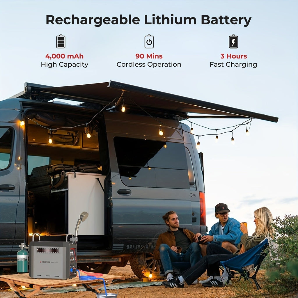 Portable Propane Water Heater & Shower Pump with Built-in 4000mAh Battery – Lightweight, Compact Design, Includes Flexible Charging Options