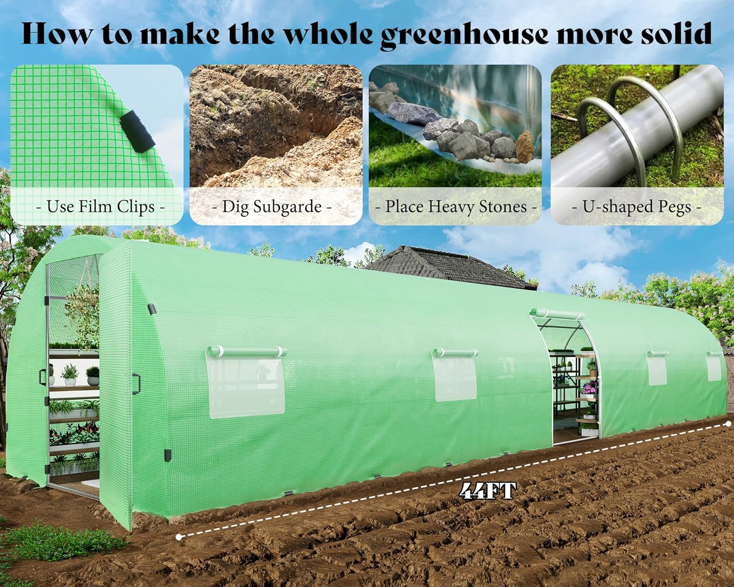 AMERLIFE 44x10x7.5 FT Tunnel Greenhouse for Outdoors, Extra Large Walk in Greenhouse with Galvanized Steel Frame, Premium PE Cover & Film Clips, Swing Door, Green