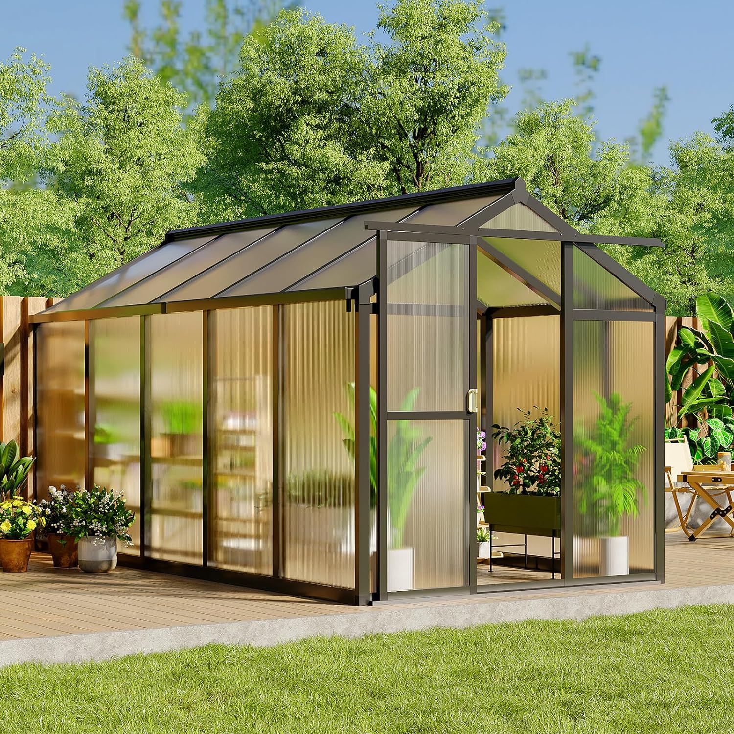 6x10 FT Greenhouse for Outdoors, Polycarbonate Greenhouse with Roof Vent, Ground Nails, Lockable Push Door, Aluminum Large Walk-in Green House for Outside Garden Backyard, Patio, Lawn, Black