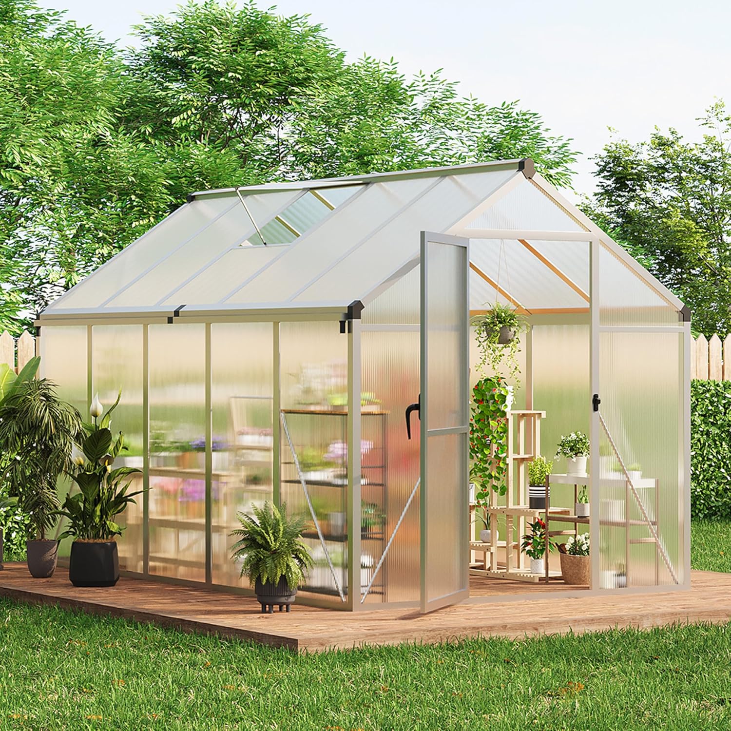 6x10 FT Greenhouse for Outdoors, Polycarbonate Greenhouse with Roof Vent, Ground Nails, Lockable Push Door, Aluminum Large Walk-in Green House for Outside Garden Backyard, Patio, Lawn, Black