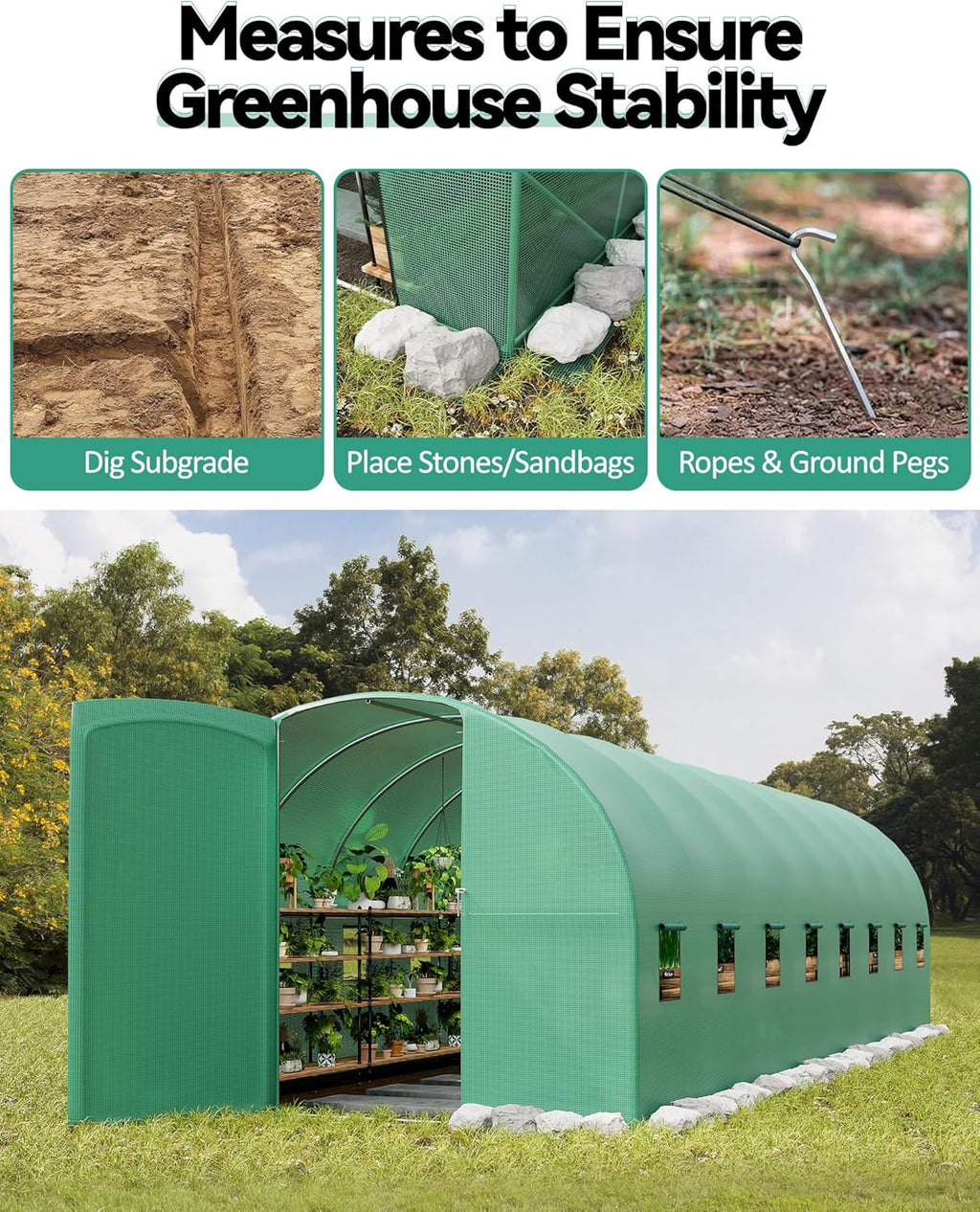 27x10x7 ft Wall in Greenhouse for Outdoor, Large Tunnel Garden House with Swing Door & 16 Mesh Windows, Reinforced Galvanized Steel Frame & Durable PE Cover, Grow Tent for Backyard, Patio