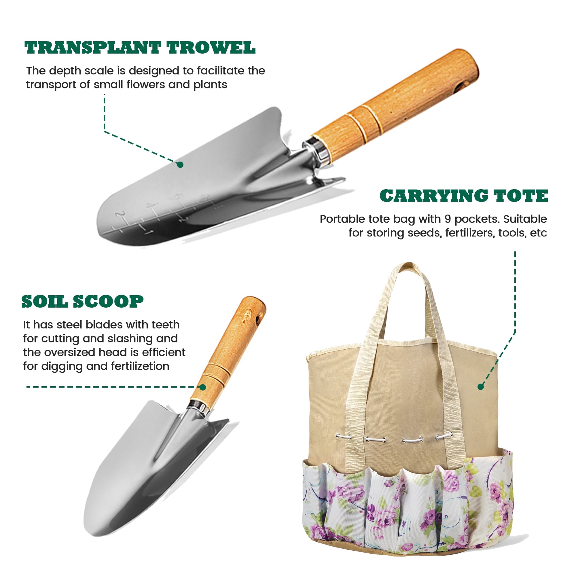 ALLJOY 9 Piece Garden Tools Set with Bag & Gloves,Heavy Duty Gardening Hand Tools Kit,Garden Gifts Supplies for Women Mom