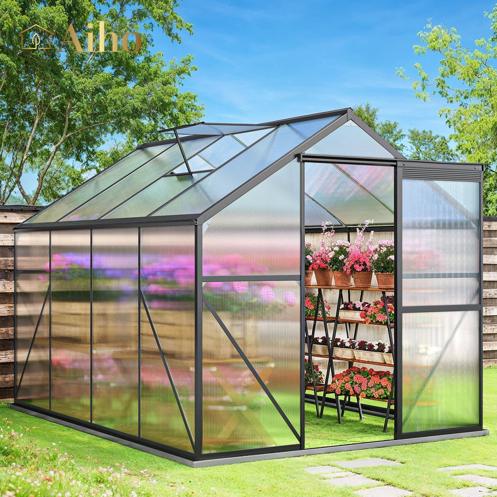 8x6 FT Outdoor Greenhouse, Easy Setup Polycarbonate Greenhouse with Adjustable Roof Vent, Sliding Door, and Durable Aluminum Frame for Backyard Gardening