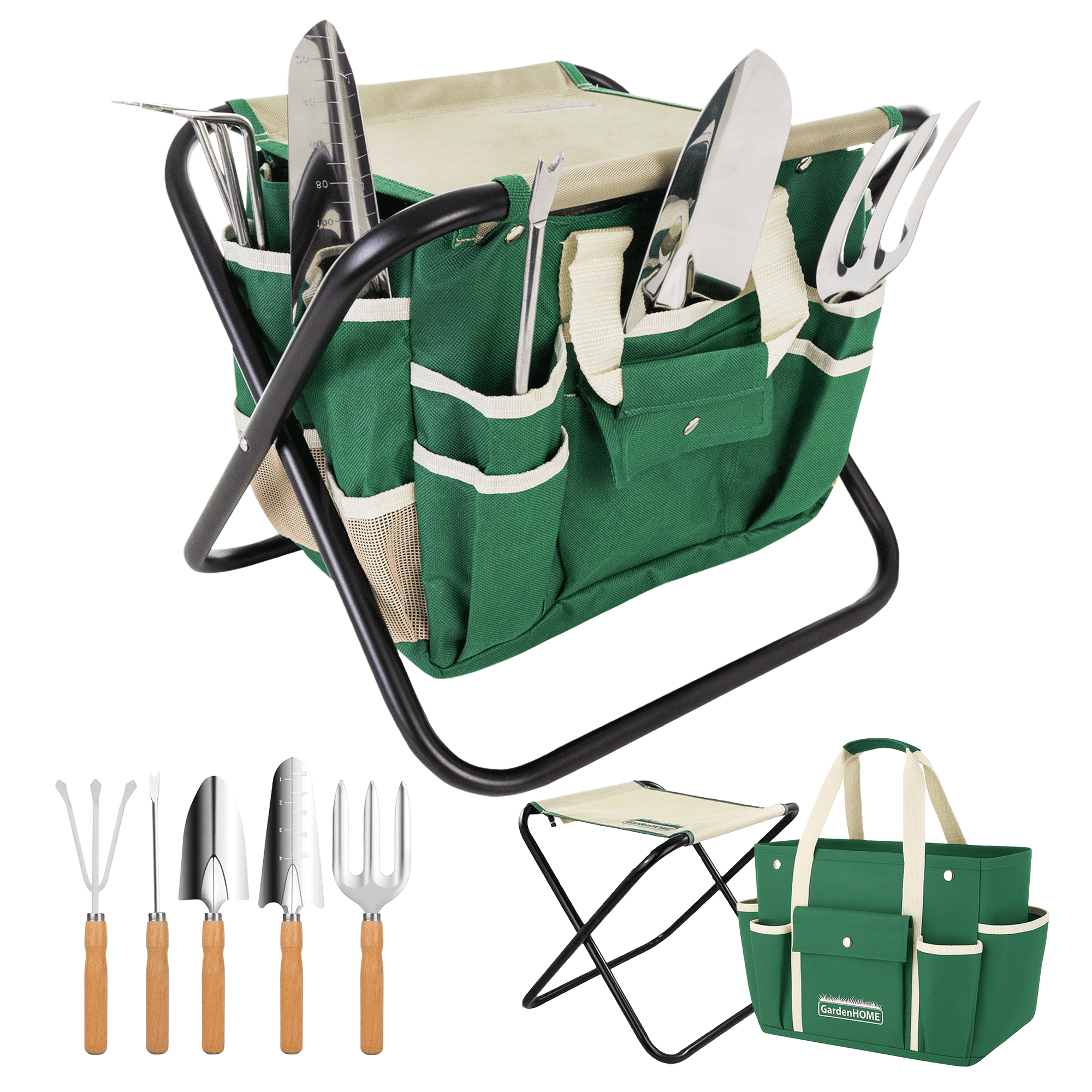 GardenHOME 7-Piece Gardening Tool Kit with Bag and Foldable Stool for All