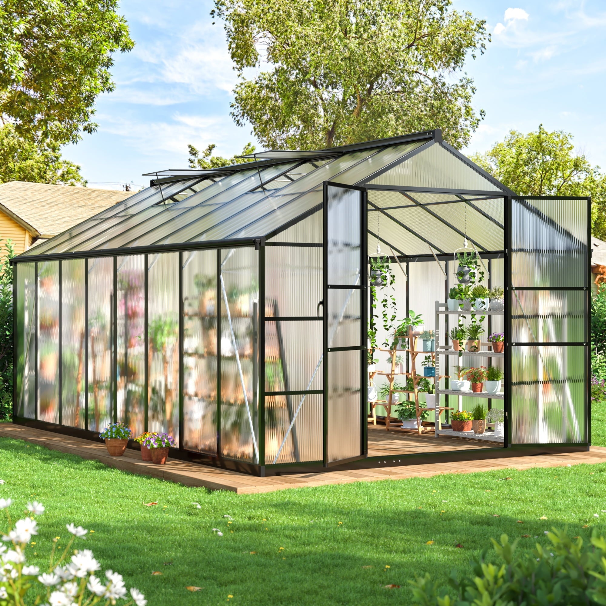 MUCHANT 10x12 FT Greenhouse for Outdoors, Walk-in Large Aluminum Frame Greenhouse with Quick Setup Structure and Roof Vent for Garden Backyard, Black