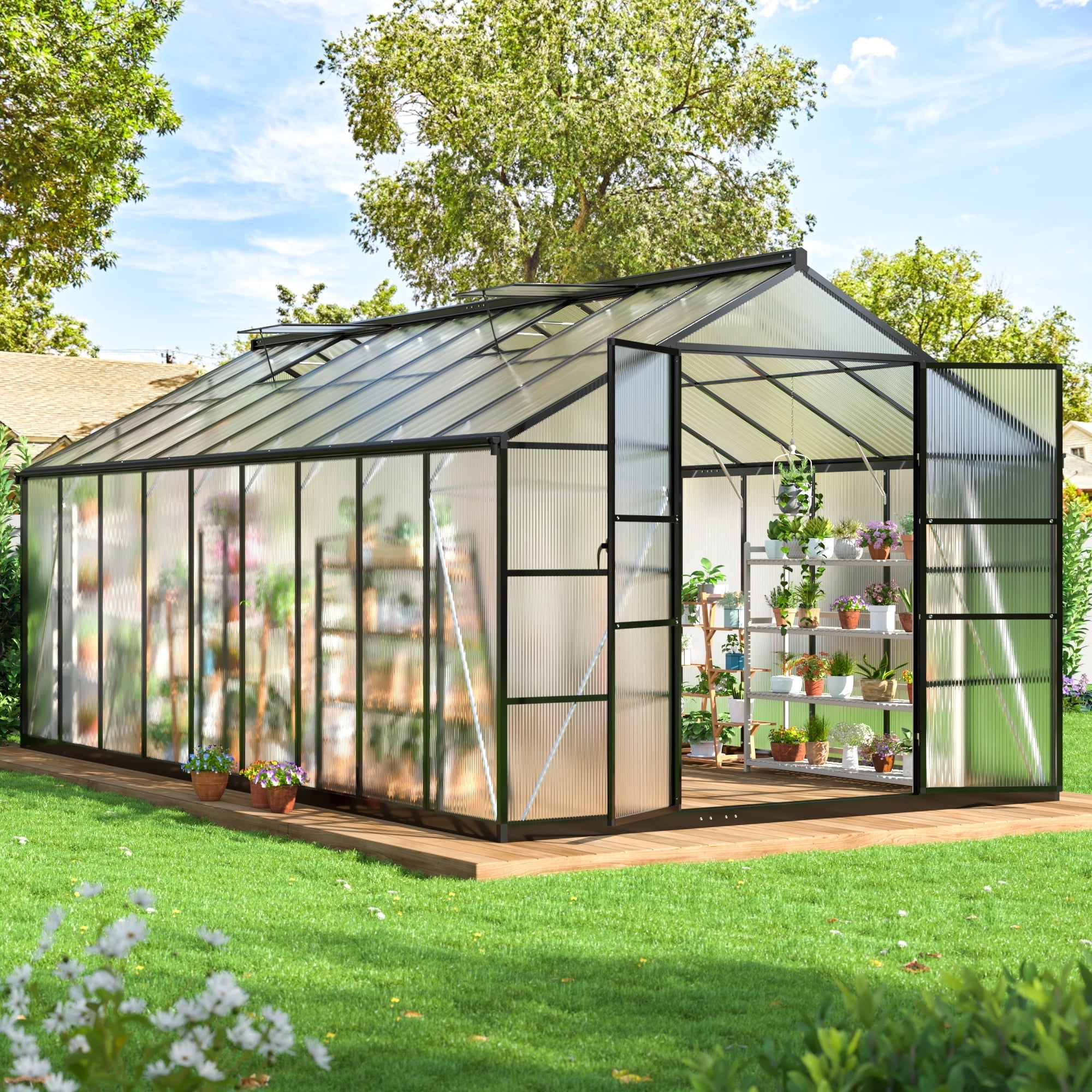 MUCHANT 10x12 FT Greenhouse for Outdoors, Walk-in Large Aluminum Frame Greenhouse with Quick Setup Structure and Roof Vent for Garden Backyard, Black