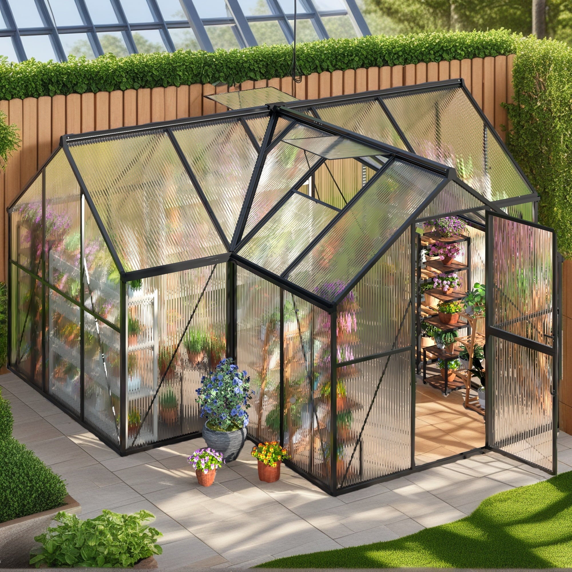 MUCHANT 10x12 FT Greenhouse for Outdoors, Walk-in Large Aluminum Frame Greenhouse with Quick Setup Structure and Roof Vent for Garden Backyard, Black