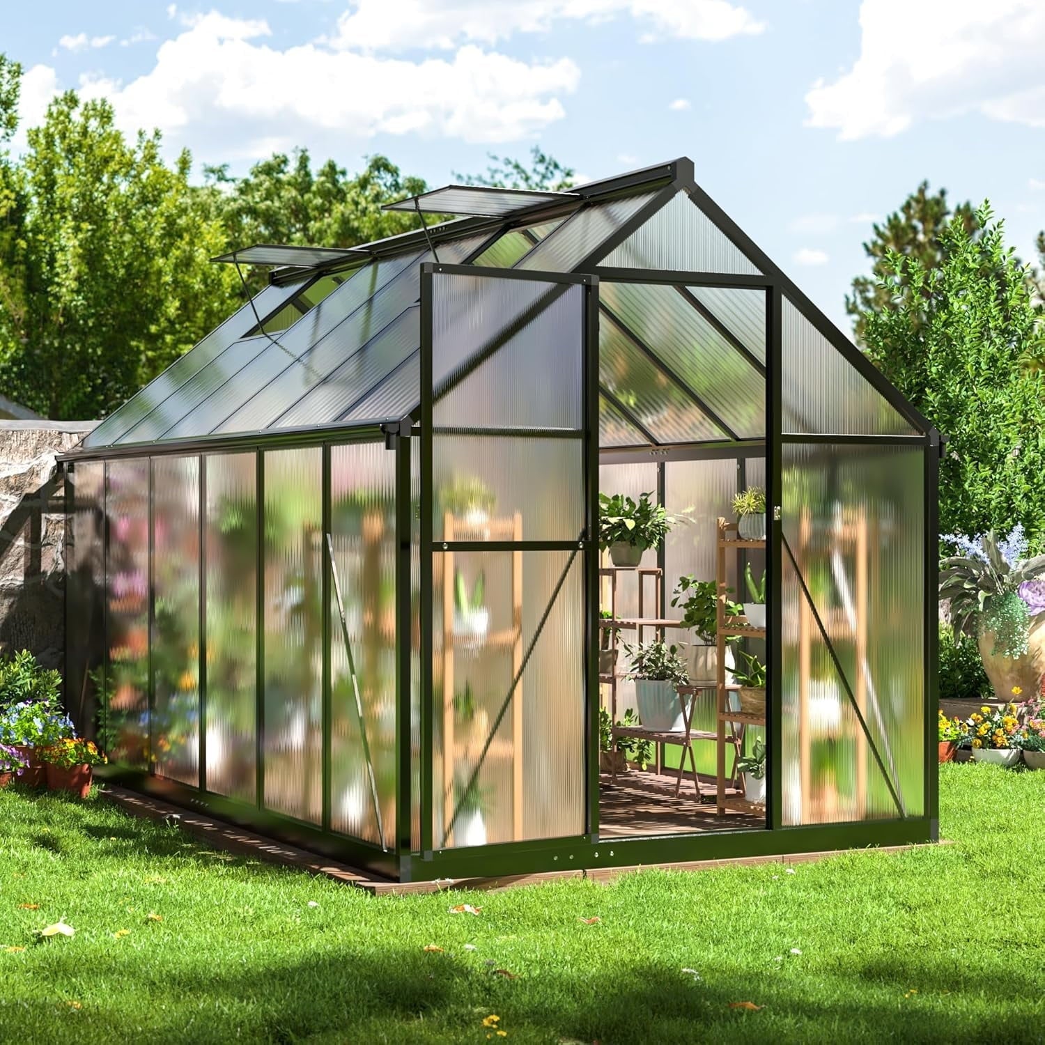 MUCHANT 10x12 FT Greenhouse for Outdoors, Walk-in Large Aluminum Frame Greenhouse with Quick Setup Structure and Roof Vent for Garden Backyard, Black