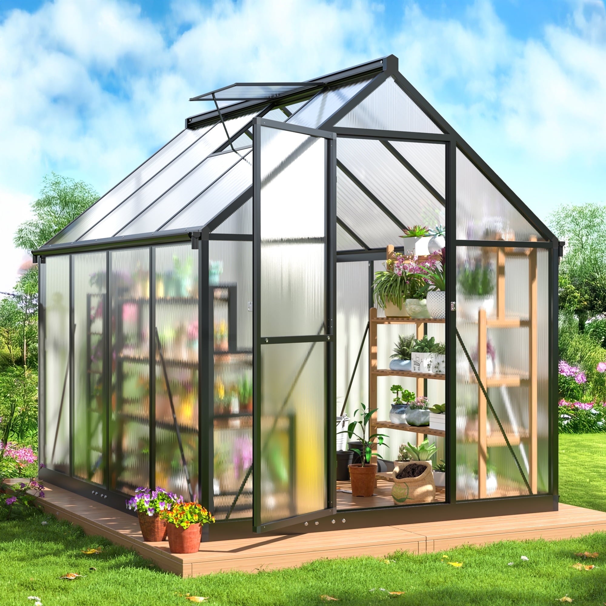 MUCHANT 10x12 FT Greenhouse for Outdoors, Walk-in Large Aluminum Frame Greenhouse with Quick Setup Structure and Roof Vent for Garden Backyard, Black