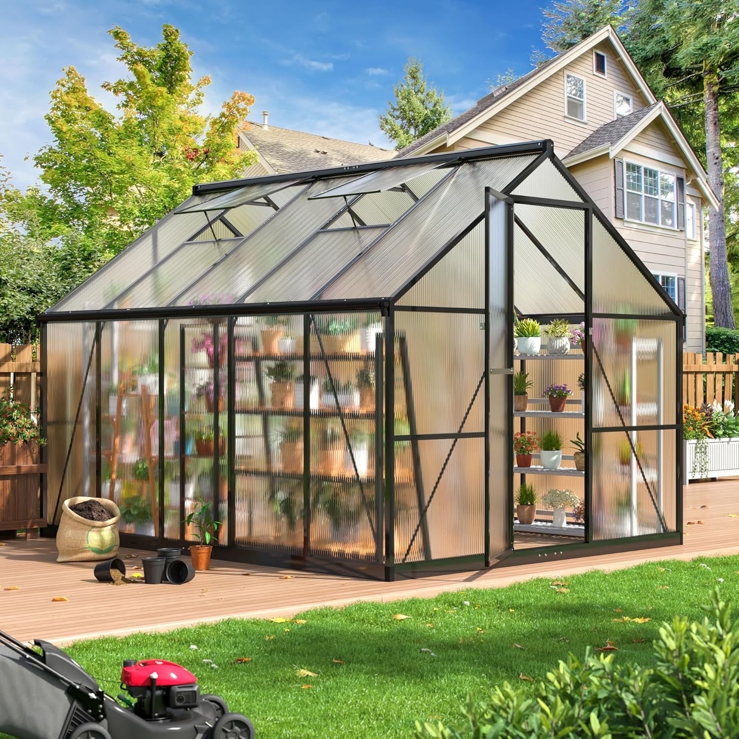 MUCHANT 10x12 FT Greenhouse for Outdoors, Walk-in Large Aluminum Frame Greenhouse with Quick Setup Structure and Roof Vent for Garden Backyard, Black