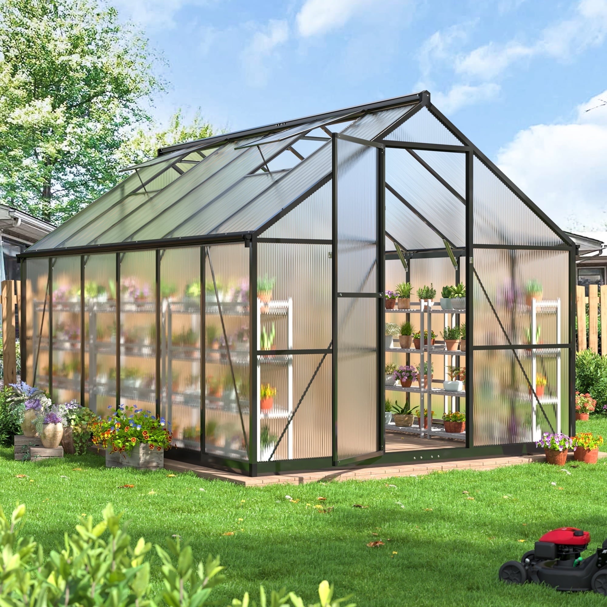 MUCHANT 10x12 FT Greenhouse for Outdoors, Walk-in Large Aluminum Frame Greenhouse with Quick Setup Structure and Roof Vent for Garden Backyard, Black