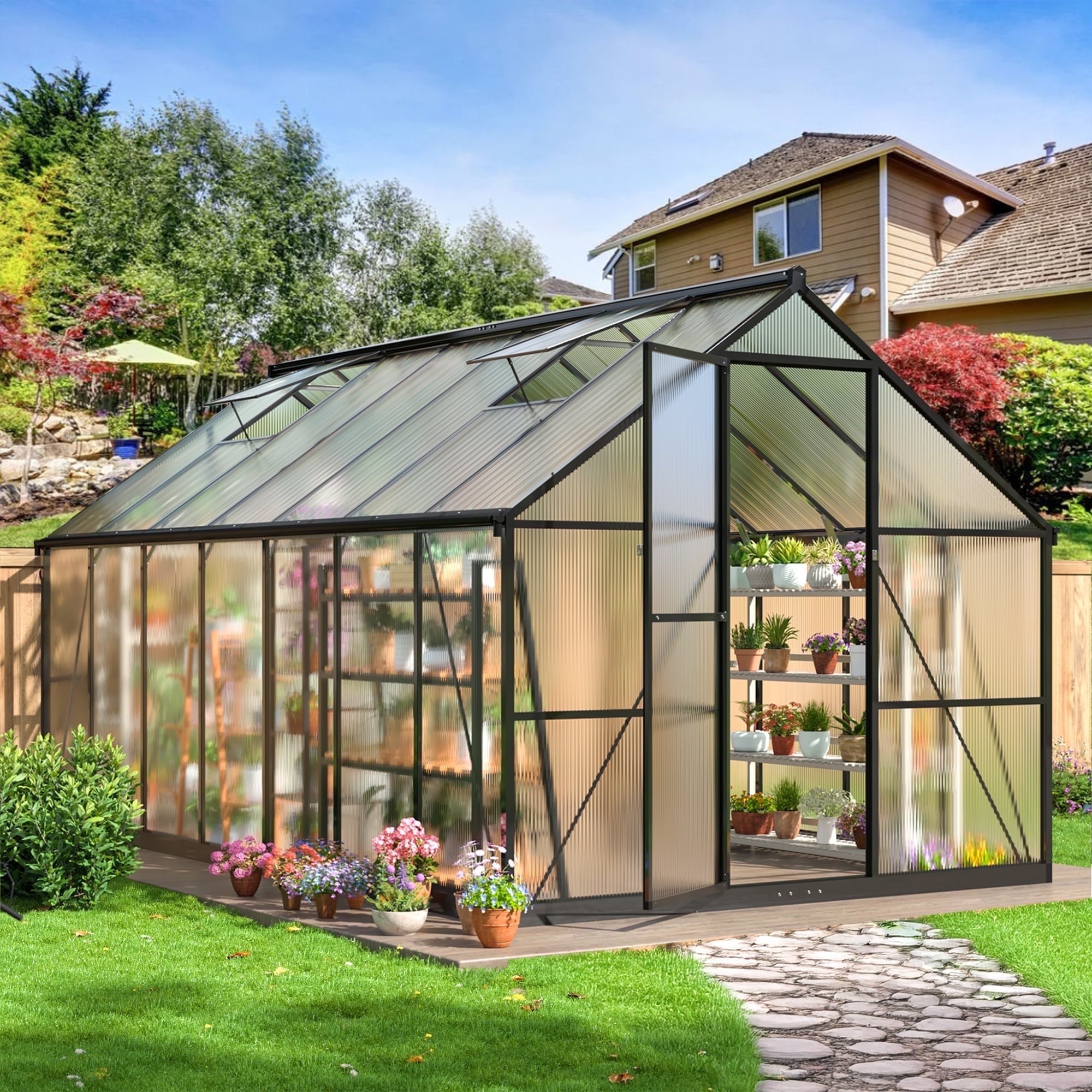 MUCHANT 10x12 FT Greenhouse for Outdoors, Walk-in Large Aluminum Frame Greenhouse with Quick Setup Structure and Roof Vent for Garden Backyard, Black