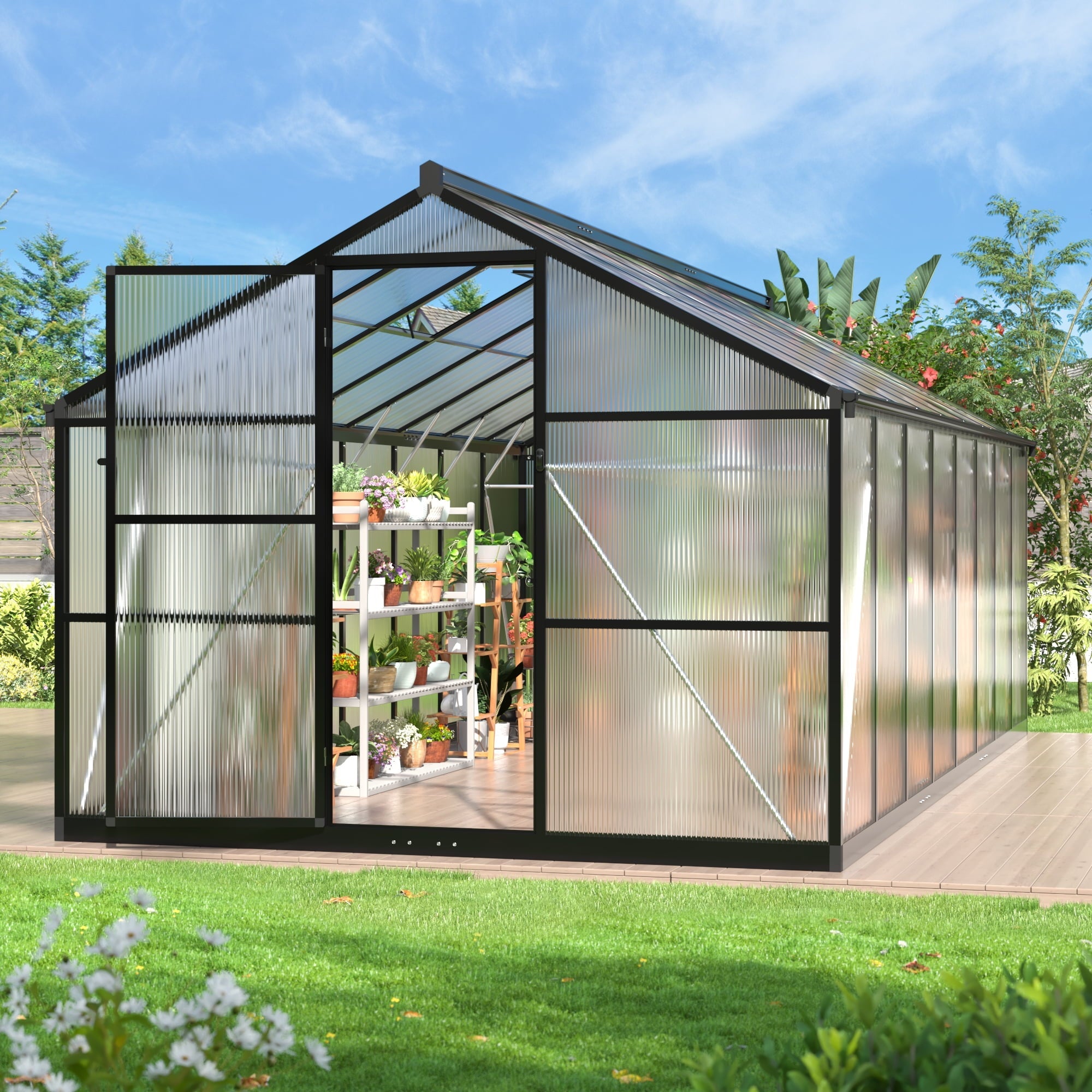 MUCHANT 10x12 FT Greenhouse for Outdoors, Walk-in Large Aluminum Frame Greenhouse with Quick Setup Structure and Roof Vent for Garden Backyard, Black