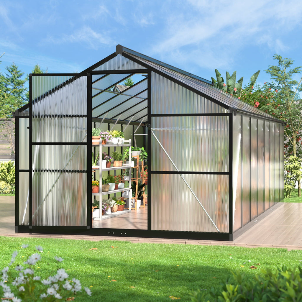 MUCHANT 10x12 FT Greenhouse for Outdoors, Walk-in Large Aluminum Frame Greenhouse with Quick Setup Structure and Roof Vent for Garden Backyard, Black