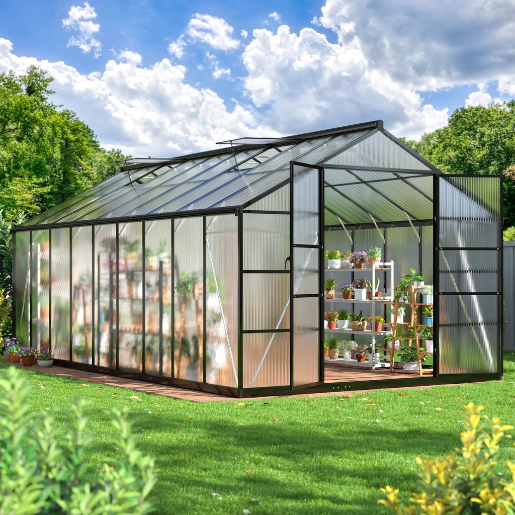 NETAJE 12'x8' Outdoor Greenhouse, Walk-in Polycarbonate Green House with Aluminum Frame for Backyard