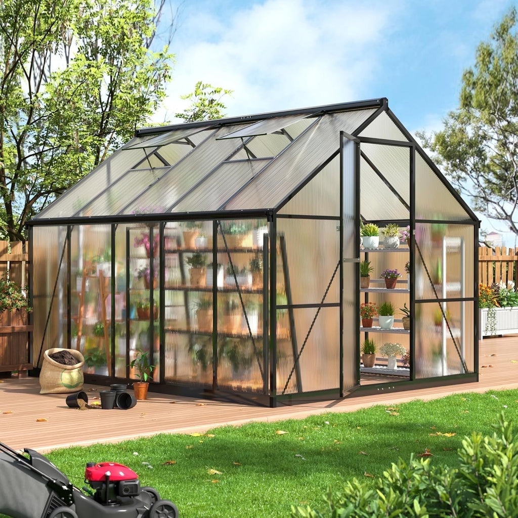 NETAJE 12'x8' Outdoor Greenhouse, Walk-in Polycarbonate Green House with Aluminum Frame for Backyard