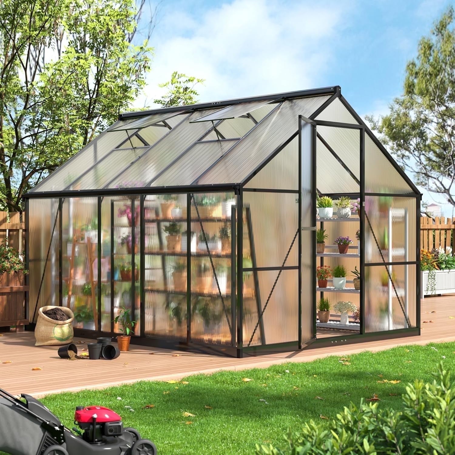 NETAJE 12'x8' Outdoor Greenhouse, Walk-in Polycarbonate Green House with Aluminum Frame for Backyard