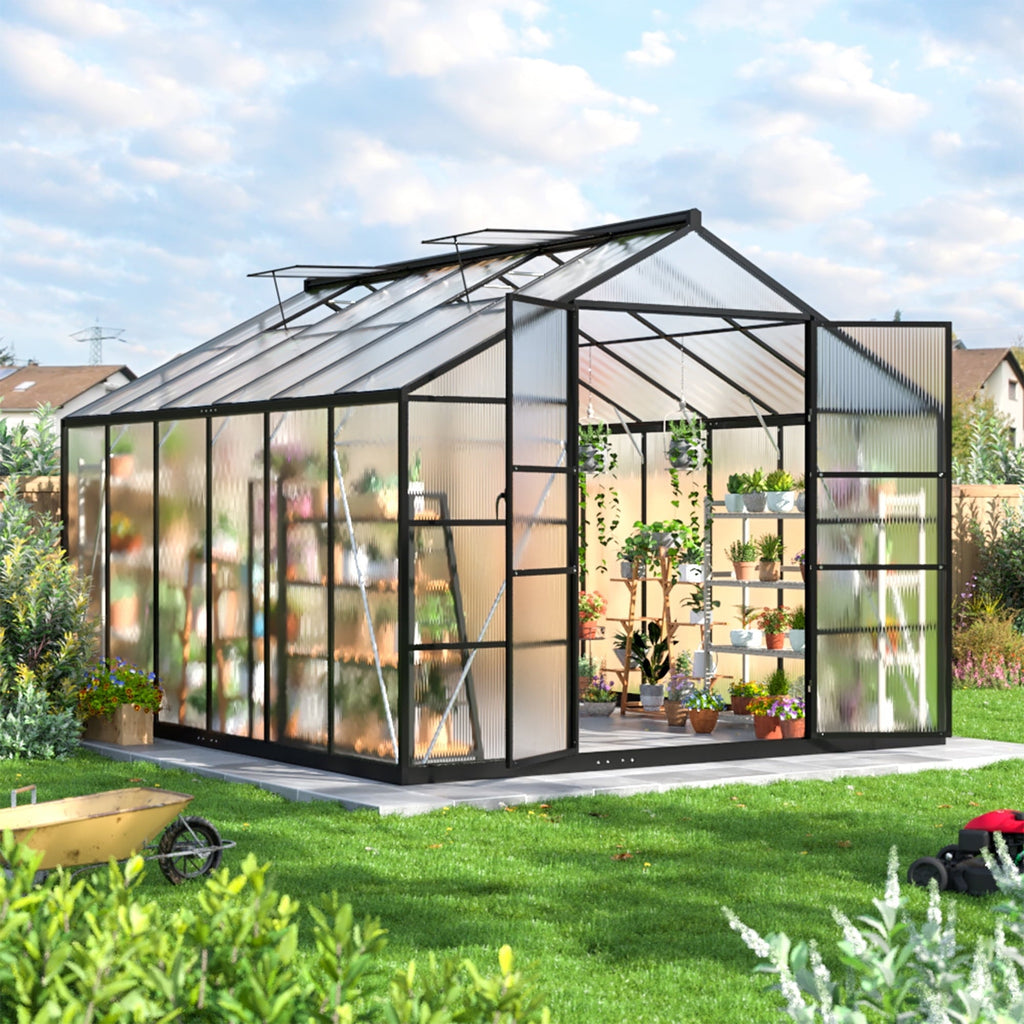 NETAJE 12'x8' Outdoor Greenhouse, Walk-in Polycarbonate Green House with Aluminum Frame for Backyard