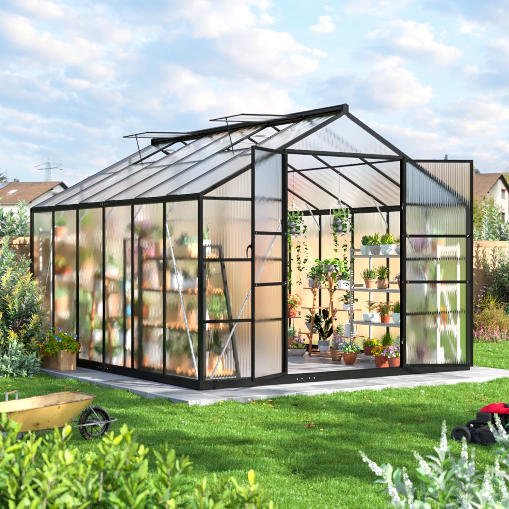 NETAJE 12'x8' Outdoor Greenhouse, Walk-in Polycarbonate Green House with Aluminum Frame for Backyard