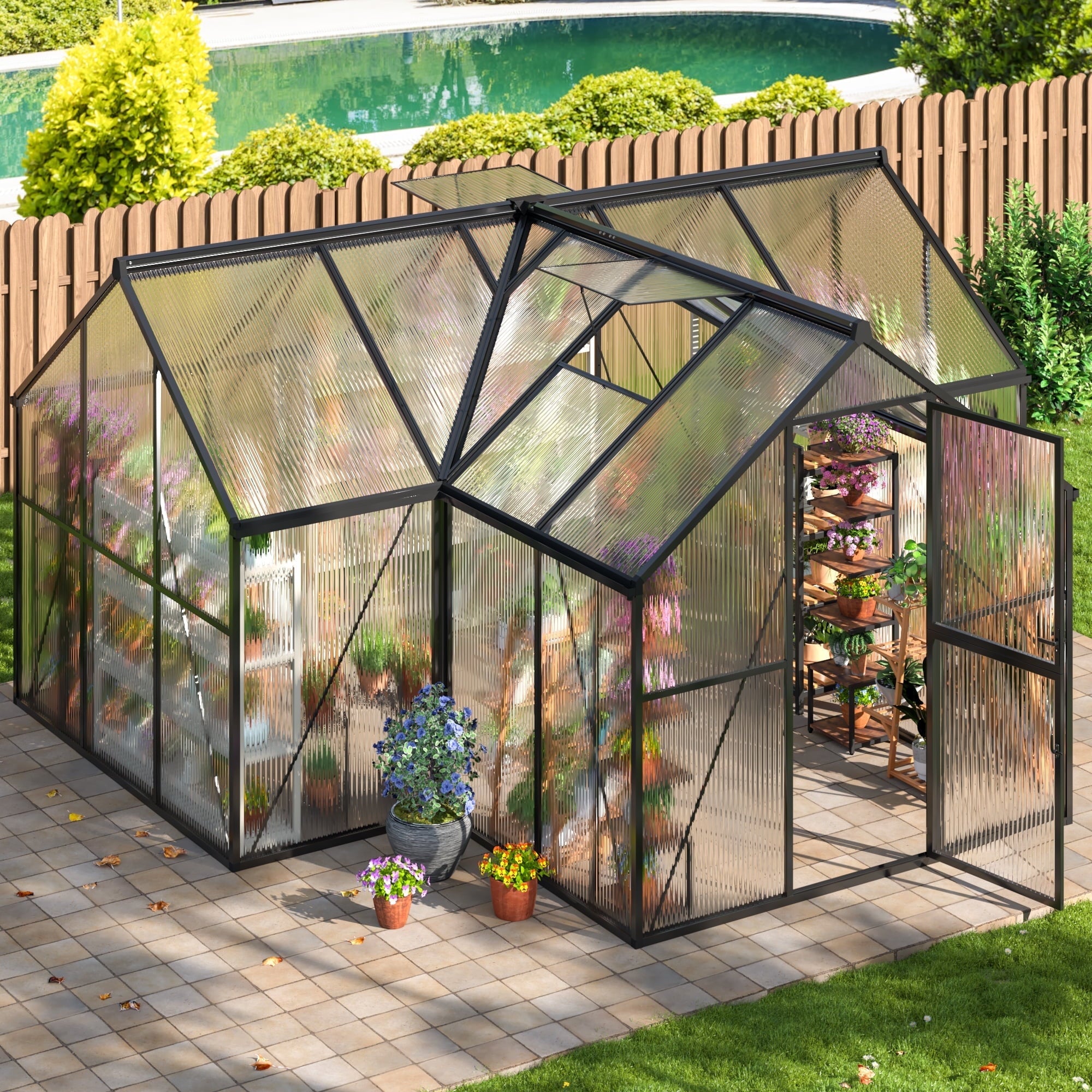 NETAJE 12'x8' Outdoor Greenhouse, Walk-in Polycarbonate Green House with Aluminum Frame for Backyard