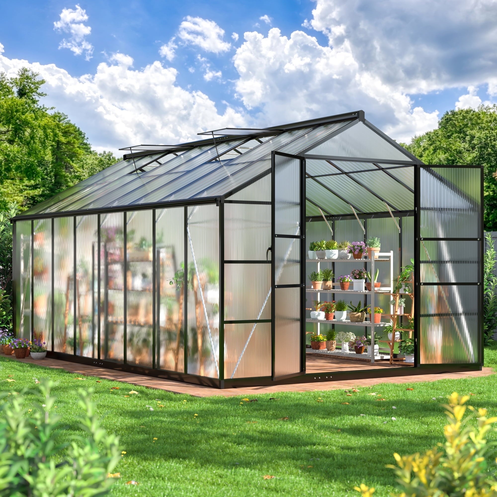 NETAJE 12'x8' Outdoor Greenhouse, Walk-in Polycarbonate Green House with Aluminum Frame for Backyard
