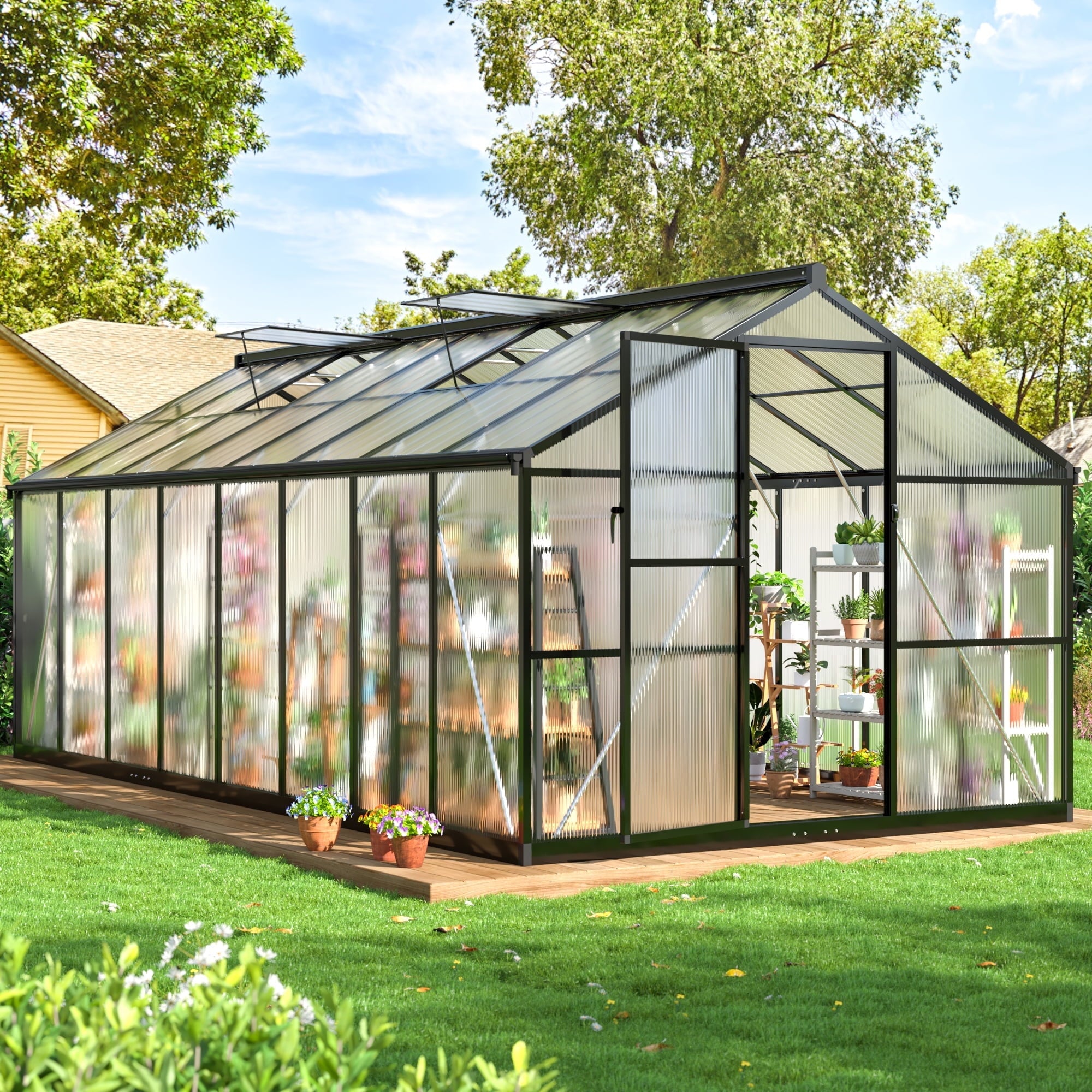 NETAJE 12'x8' Outdoor Greenhouse, Walk-in Polycarbonate Green House with Aluminum Frame for Backyard