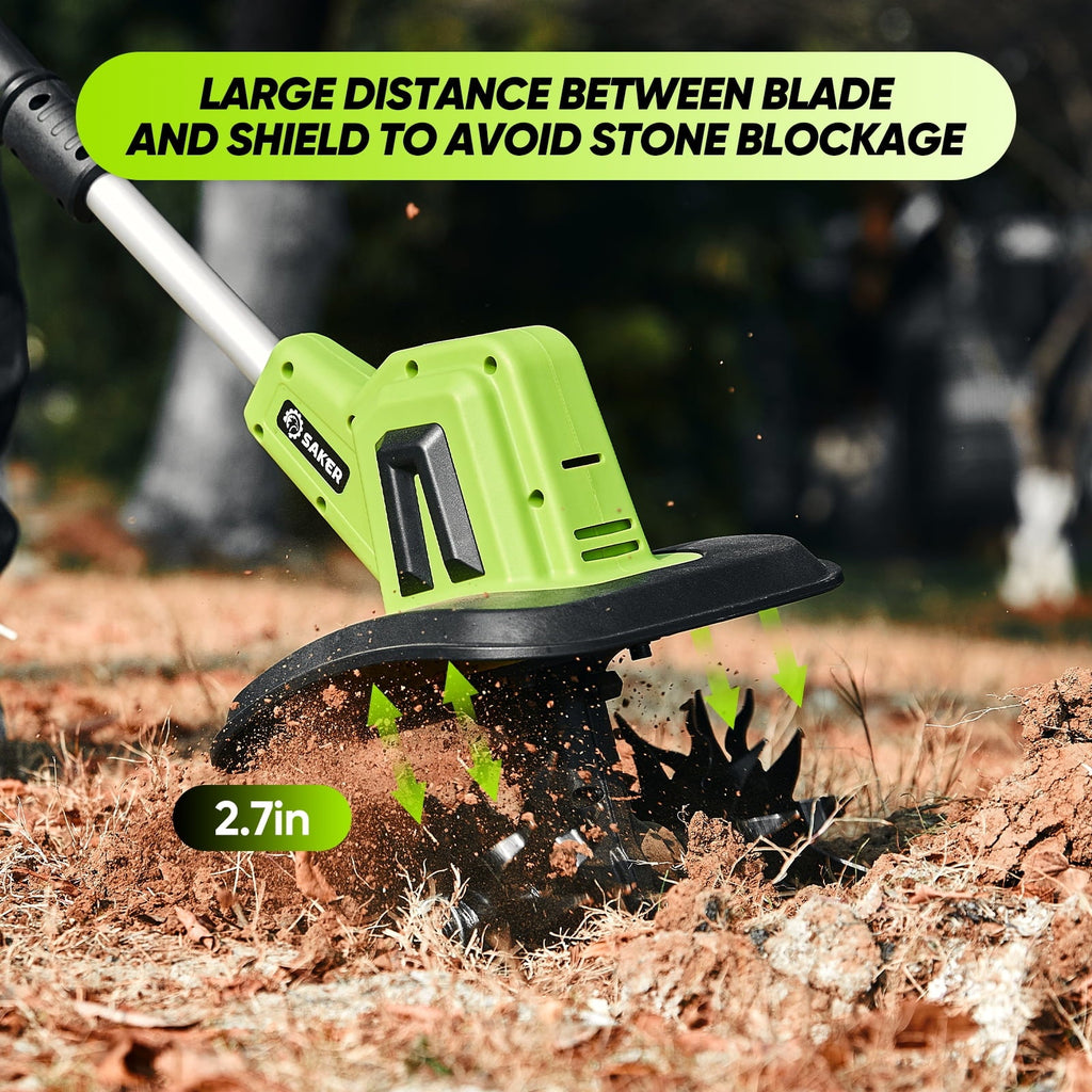 Saker 22V Cordless Tiller Cultivator, 360RPM Electric Garden Tiller with Total 4000mAh Battery, 9-Inch Tilling Width, 6.3-Inch Depth Rototiller for Gardening, Weeding, Soil Cultivation