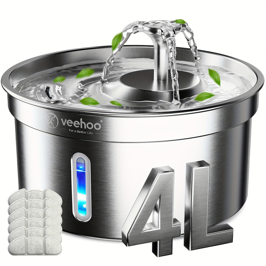 Cat Water Fountain Stainless Steel 304-1.1Gal/4L Cat Fountain For Drinking With 6 Replacement Filters