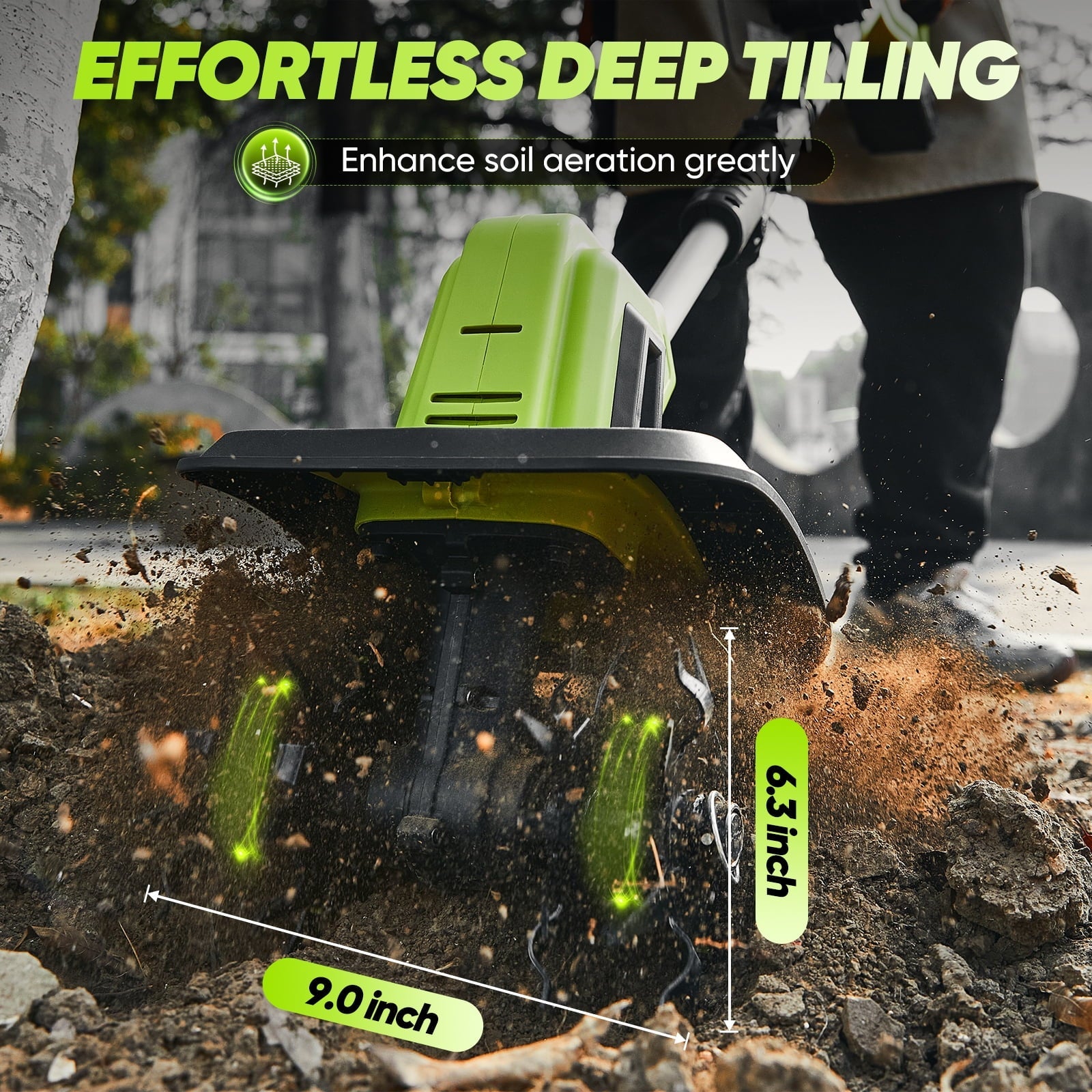 Saker 22V Cordless Tiller Cultivator, 360RPM Electric Garden Tiller with Total 4000mAh Battery, 9-Inch Tilling Width, 6.3-Inch Depth Rototiller for Gardening, Weeding, Soil Cultivation