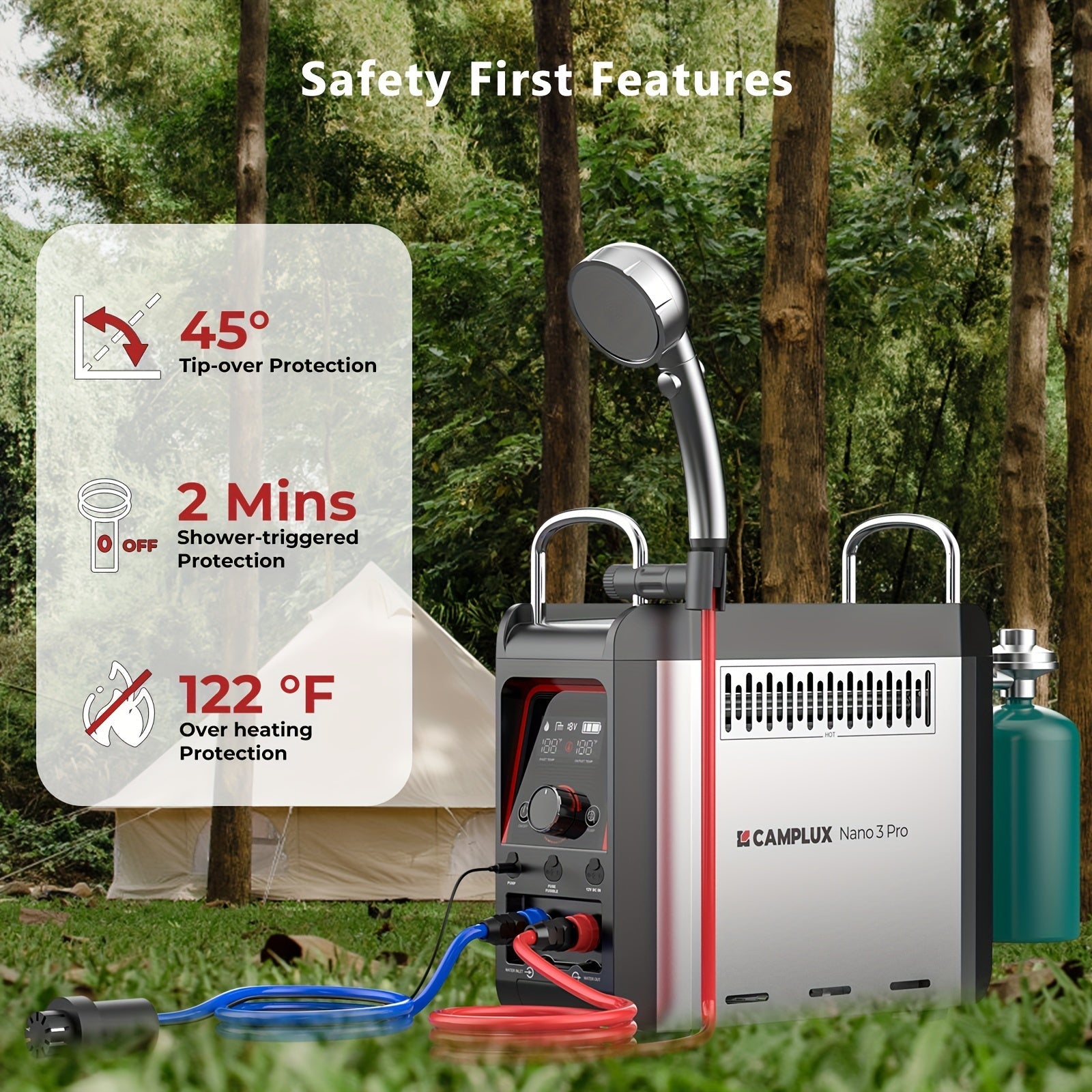 Portable Propane Water Heater & Shower Pump with Built-in 4000mAh Battery – Lightweight, Compact Design, Includes Flexible Charging Options