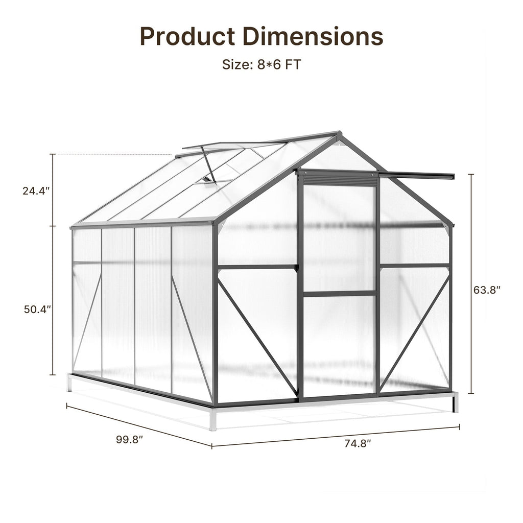 8x6 FT Outdoor Greenhouse, Easy Setup Polycarbonate Greenhouse with Adjustable Roof Vent, Sliding Door, and Durable Aluminum Frame for Backyard Gardening