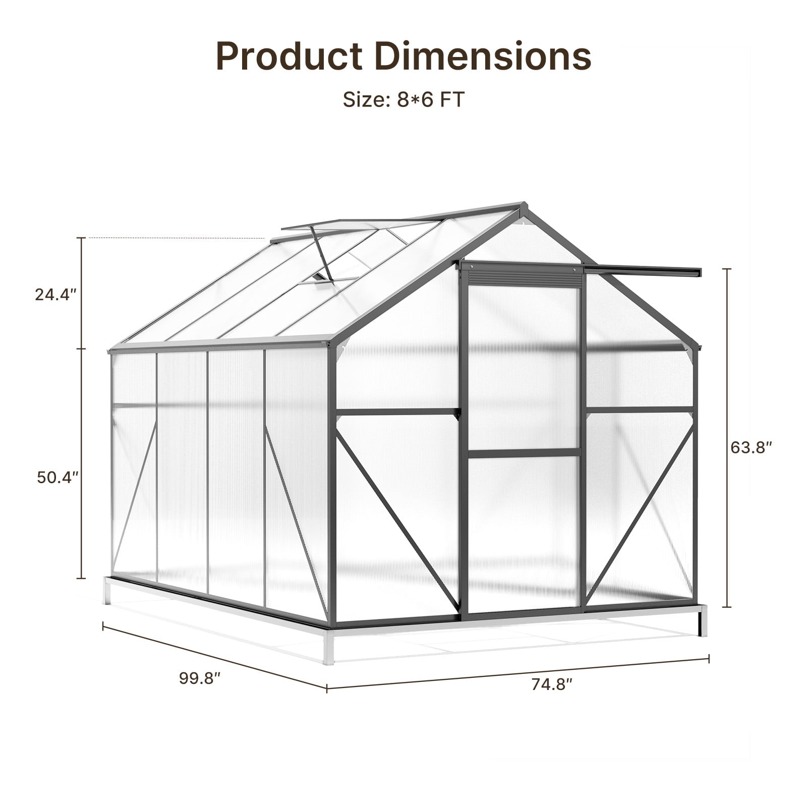 8x6 FT Outdoor Greenhouse, Easy Setup Polycarbonate Greenhouse with Adjustable Roof Vent, Sliding Door, and Durable Aluminum Frame for Backyard Gardening