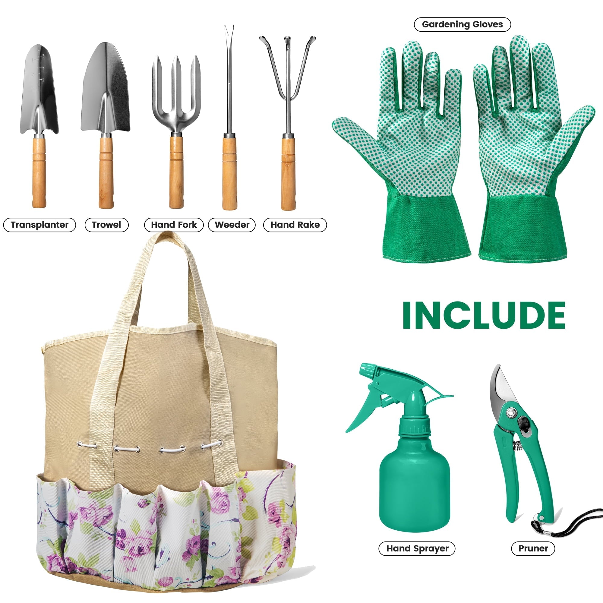 ALLJOY 9 Piece Garden Tools Set with Bag & Gloves,Heavy Duty Gardening Hand Tools Kit,Garden Gifts Supplies for Women Mom